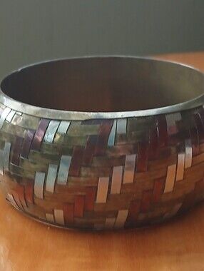 Tri Color Copper Brass Silverplated Woven Bangle Bracelet 8"